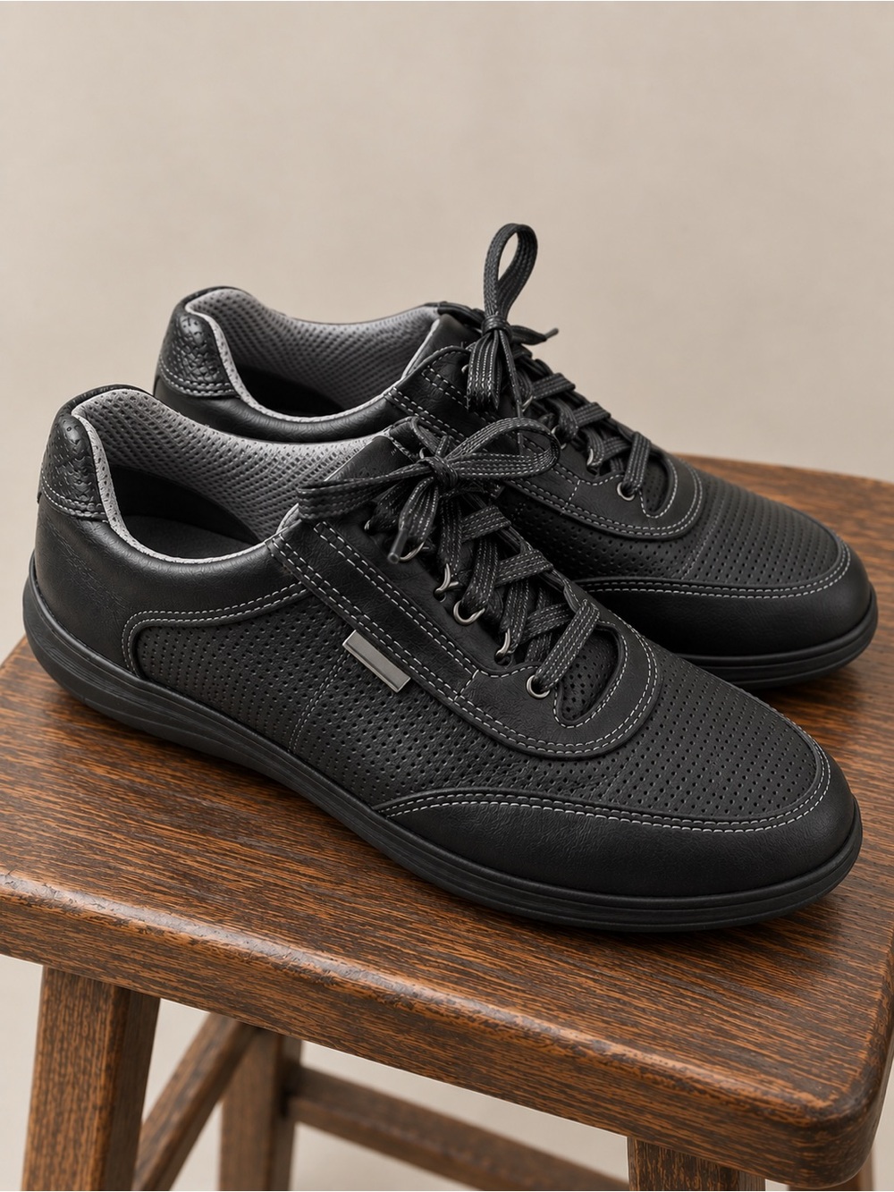 SAS | Sporty Lux Black Leather Tennis Shoe Sneaker Perforated Mesh Comfort